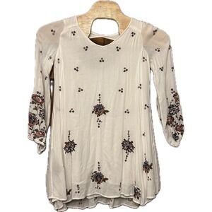 Free‎ People Floral Embroidered Mini Dress ivory Long Sleeve Boho Gauze